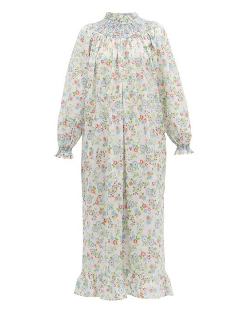 Loretta Caponi - Smocked Floral-print Cotton Maxi Dress - Womens - White Multi