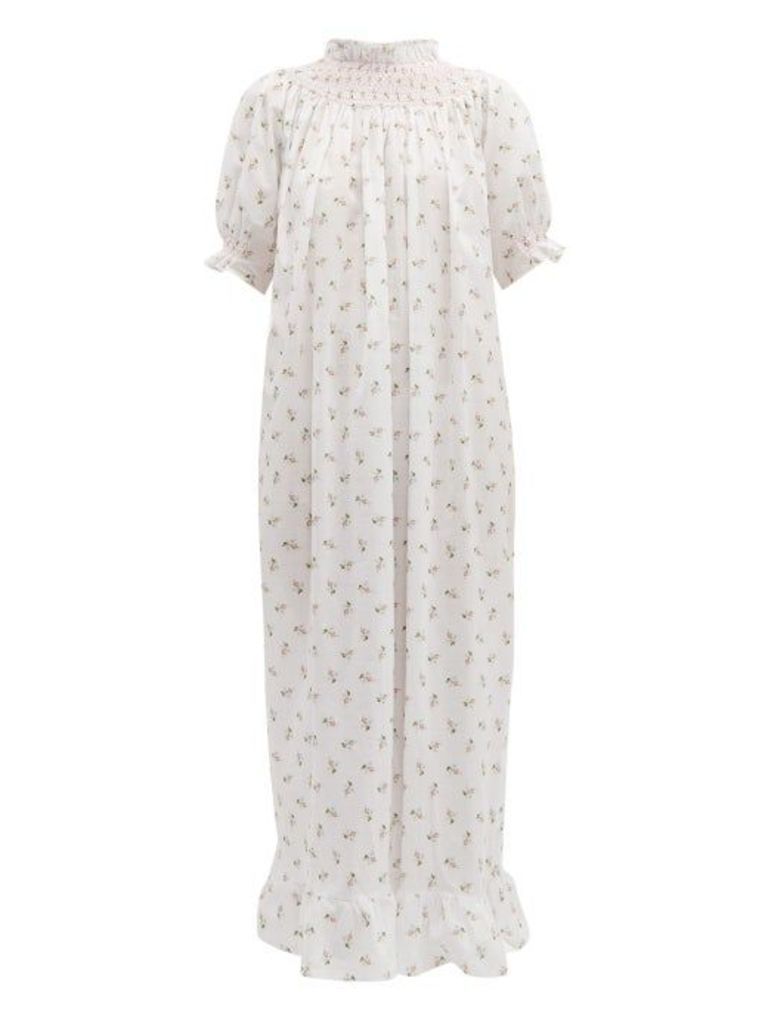 Loretta Caponi - Smocked Floral Print Cotton Maxi Dress - Womens - White Multi
