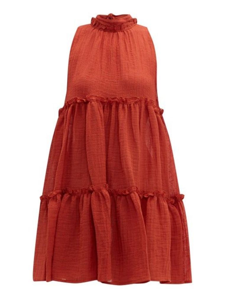 Lisa Marie Fernandez - Erica Ruffled Linen-blend Mini Dress - Womens - Red