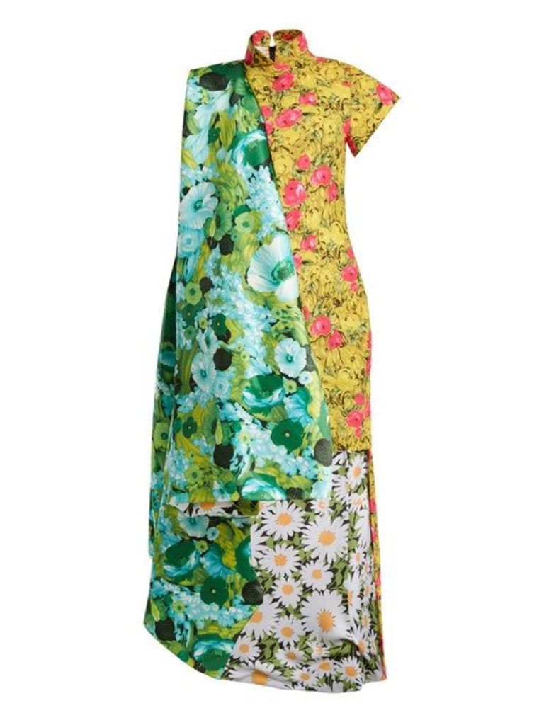 Richard Quinn - Contrast Panel Dip Hem Floral Print Satin Dress - Womens - Blue Multi