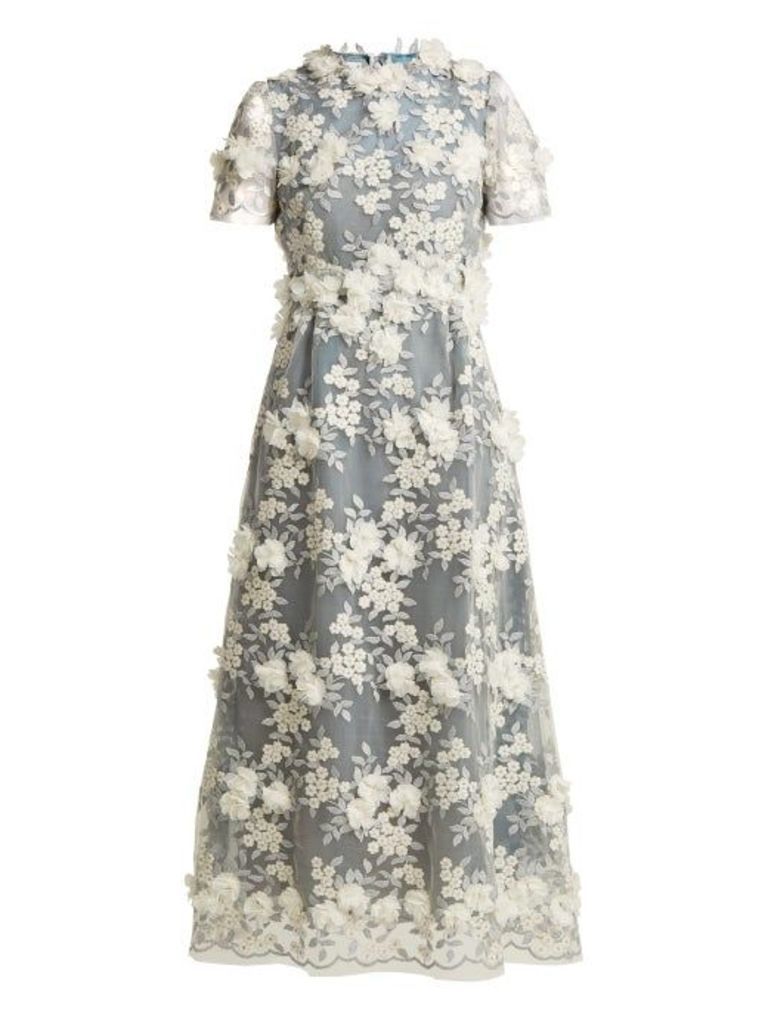 Luisa Beccaria - Floral Appliqué Tulle Midi Dress - Womens - Blue White