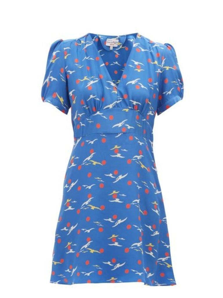 Hvn - Paula Bird Print Silk Mini Dress - Womens - Blue
