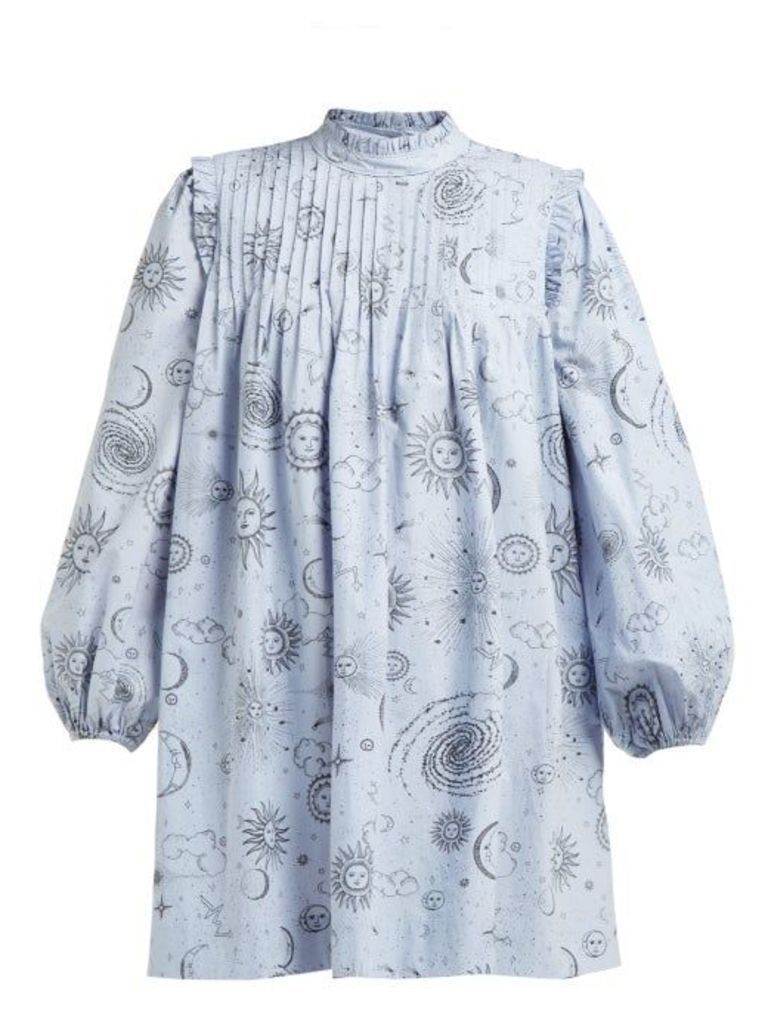Ganni - Over The Moon Print Poplin Mini Dress - Womens - Blue
