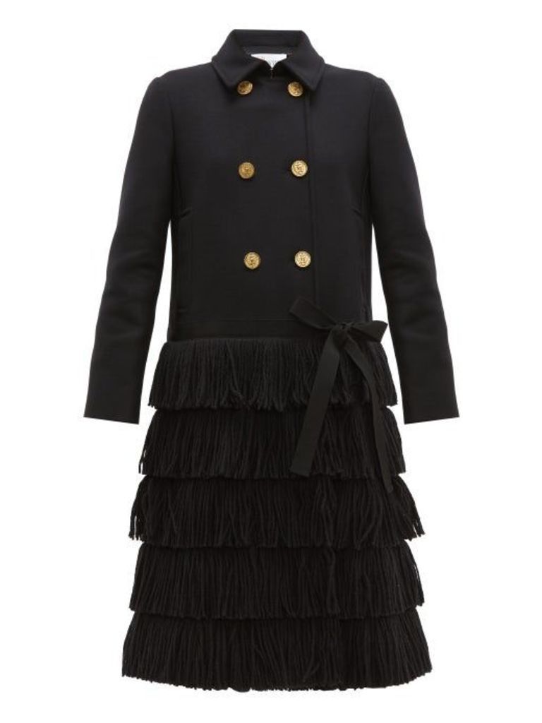 Redvalentino - Bow-trim Fringed Wool-blend Coat - Womens - Black