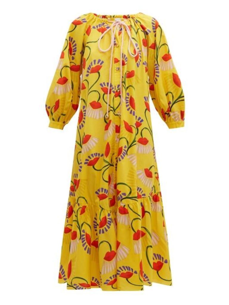 Borgo De Nor - Natalia Lip And Floral-print Cotton Midi Dress - Womens - Yellow Multi