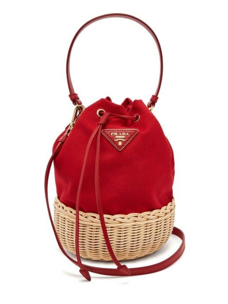 Prada - Canvas And Woven Straw Bucket Bag - Womens - Red