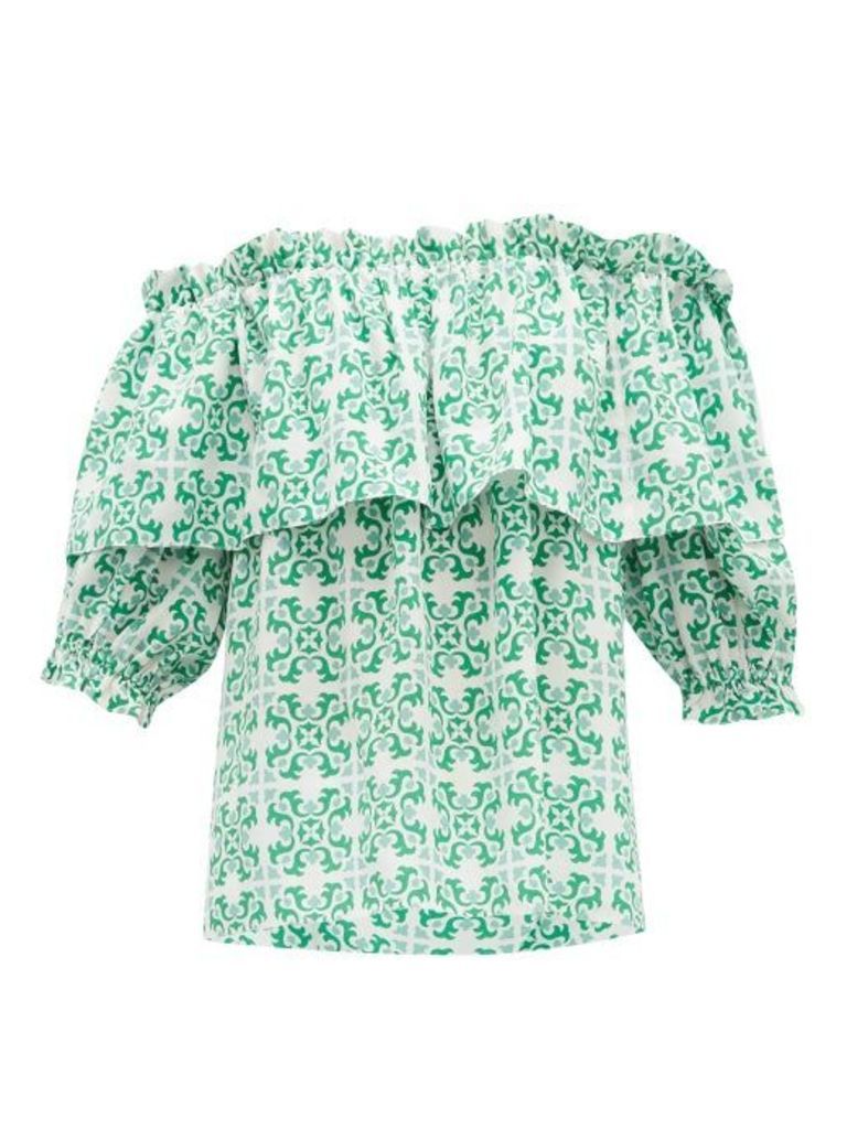 Beulah - Ridhi Tile-print Off-shoulder Silk Top - Womens - Green