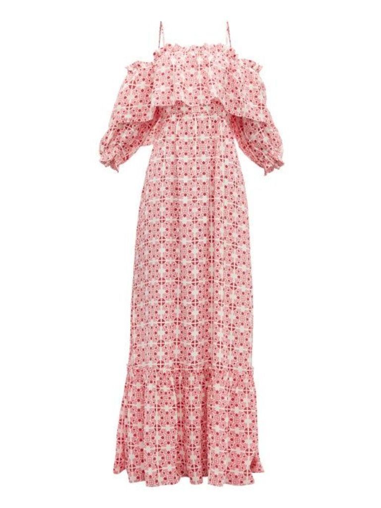 Beulah - Aakash Off-shoulder Tile-print Silk Dress - Womens - Pink Multi
