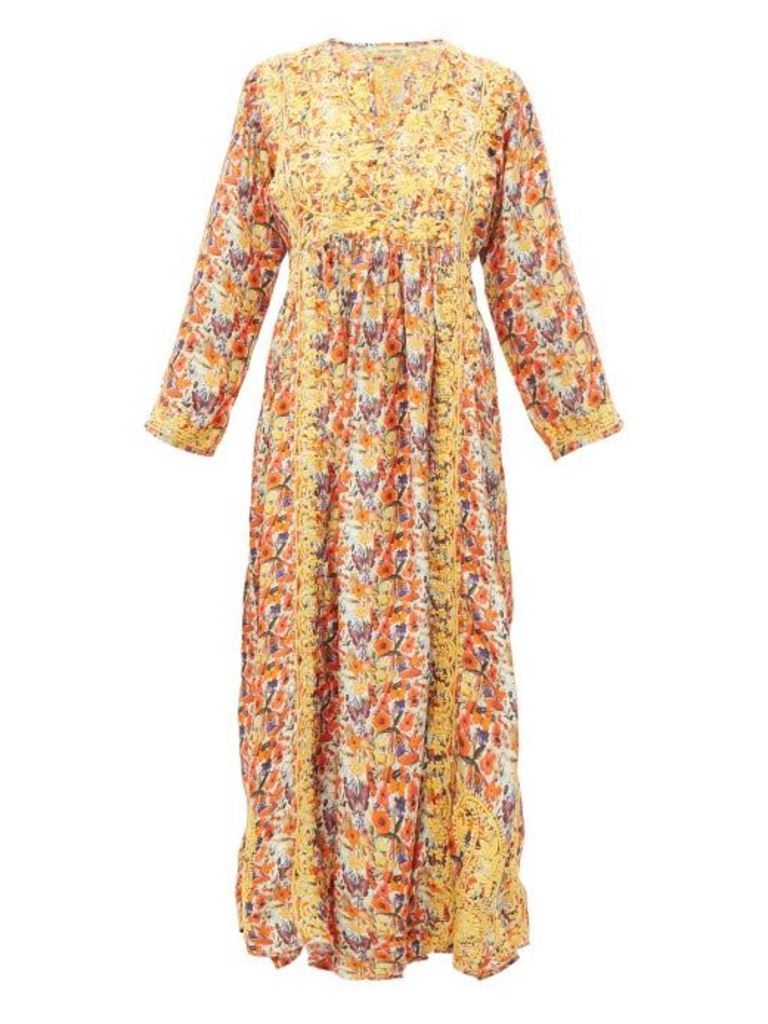 Muzungu Sisters - Poppy-embroidered Silk Maxi Dress - Womens - Orange Multi