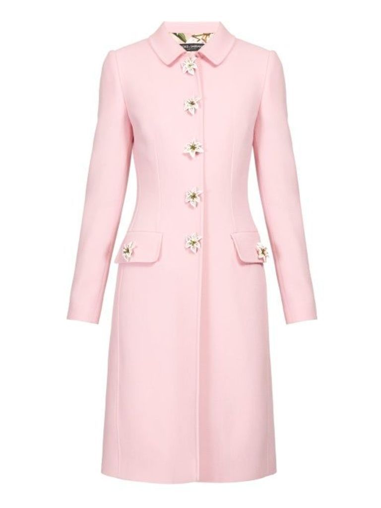Dolce & Gabbana - Flower Embellished Single Breasted Wool Crepe Coat - Womens - Pink