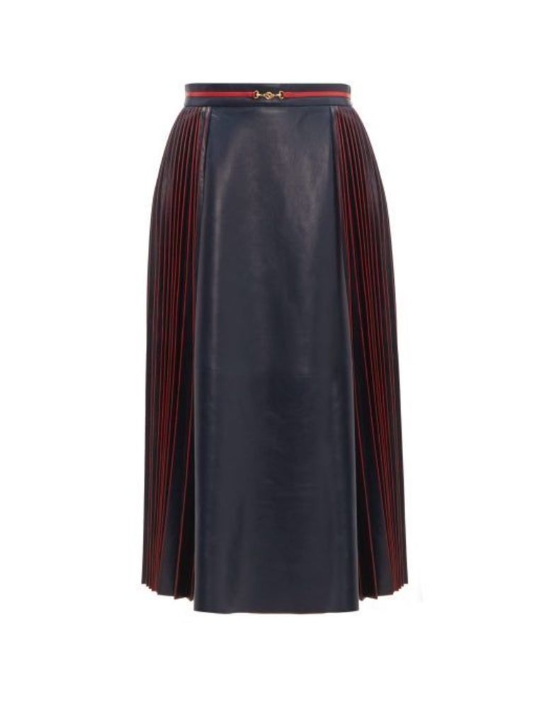 Gucci - Pleated Leather Midi Skirt - Womens - Navy Multi
