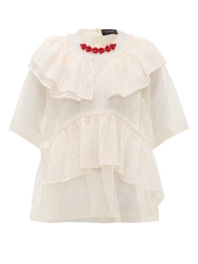 Simone Rocha - Beaded-neckline Tulle And Lace Blouse - Womens - Beige
