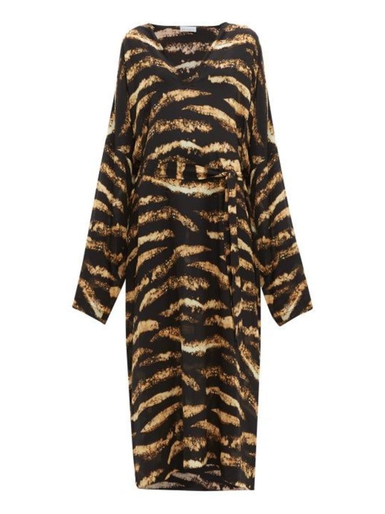 Raey - Kimono-sleeve Bleached Tiger-print Silk Dress - Womens - Black Print