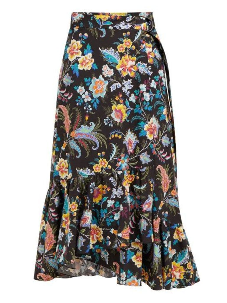 Etro - Cheshire Floral Print Cotton Wrap Midi Skirt - Womens - Black Multi