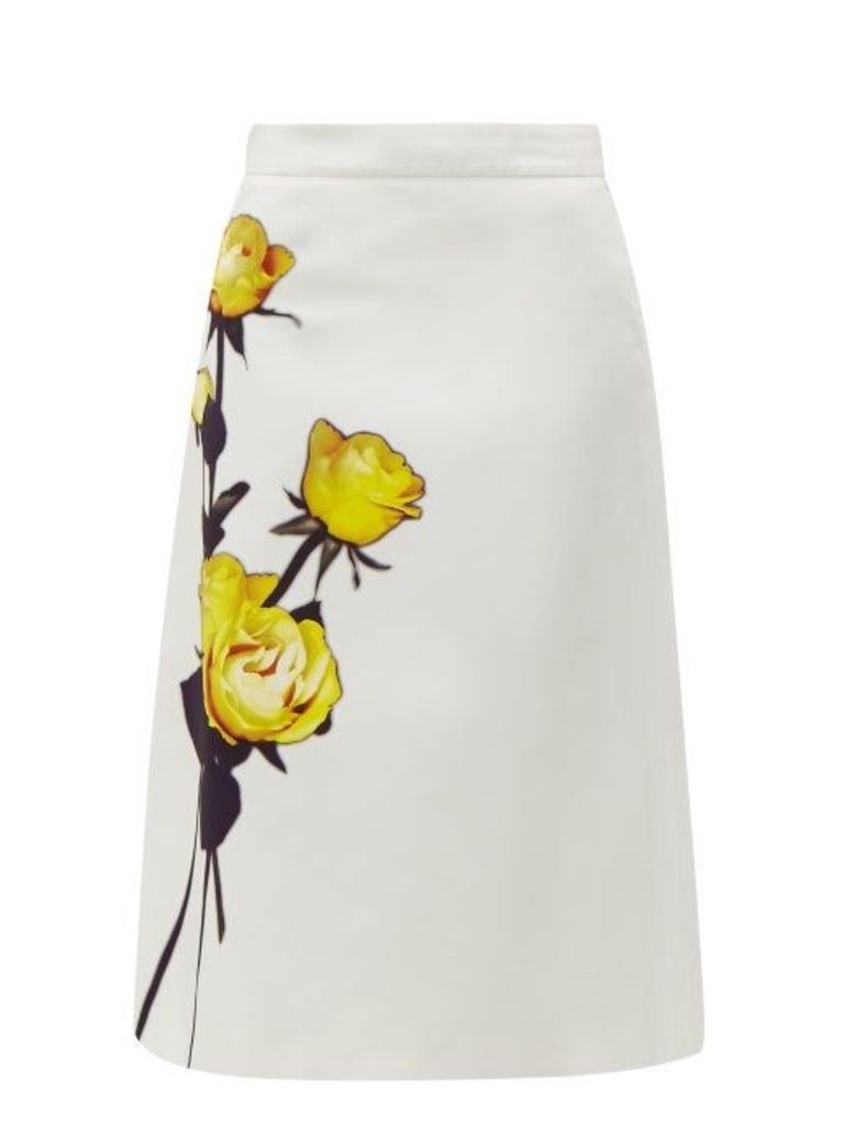Prada - Rose Print Cotton Poplin Midi Skirt - Womens - White Print