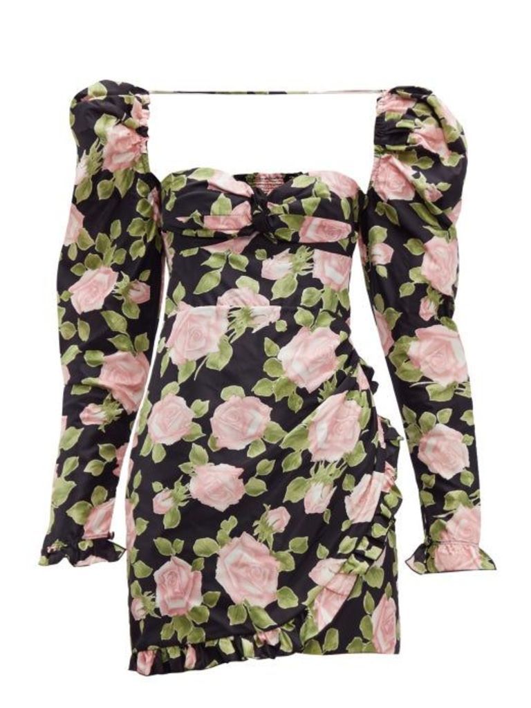 Alessandra Rich - Puff-sleeve Rose-print Silk Mini Dress - Womens - Black Pink