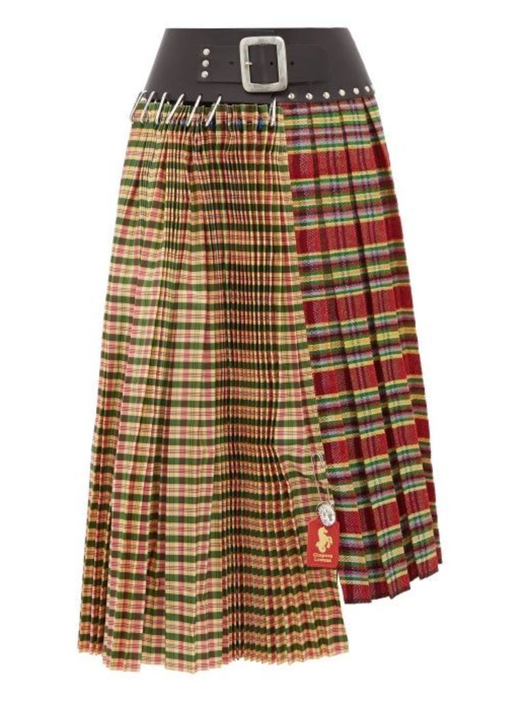 Chopova Lowena - Tartan And Leather Recycled Wool-blend Skirt - Womens - Green Multi