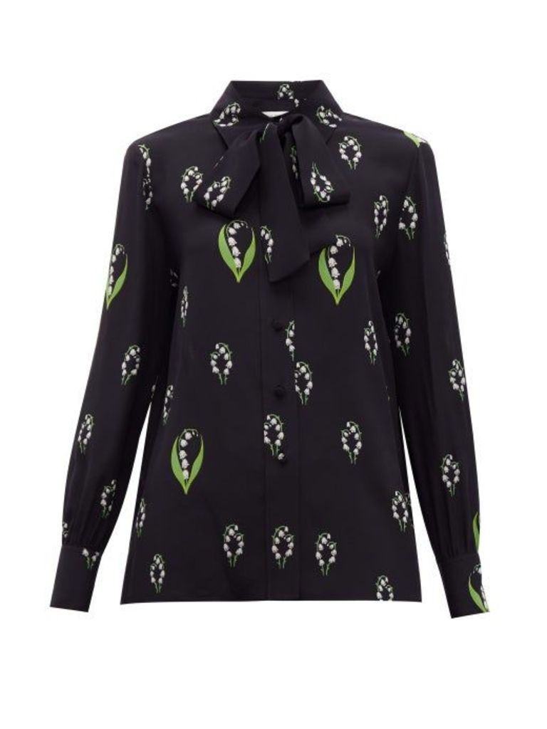 Valentino - Lily Of The Valley-print Pussy-bow Silk Blouse - Womens - Black Multi