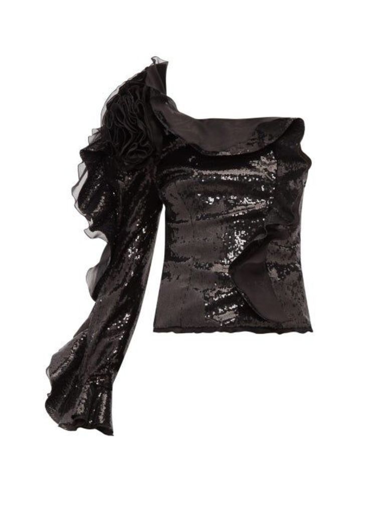Dundas - One-sleeve Ruffle-trimmed Sequinned Top - Womens - Black