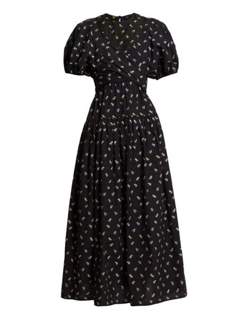 Cecilie Bahnsen - Anna Wrap Bodice Floral Jacquard Cotton Midi Dress - Womens - Black Blue