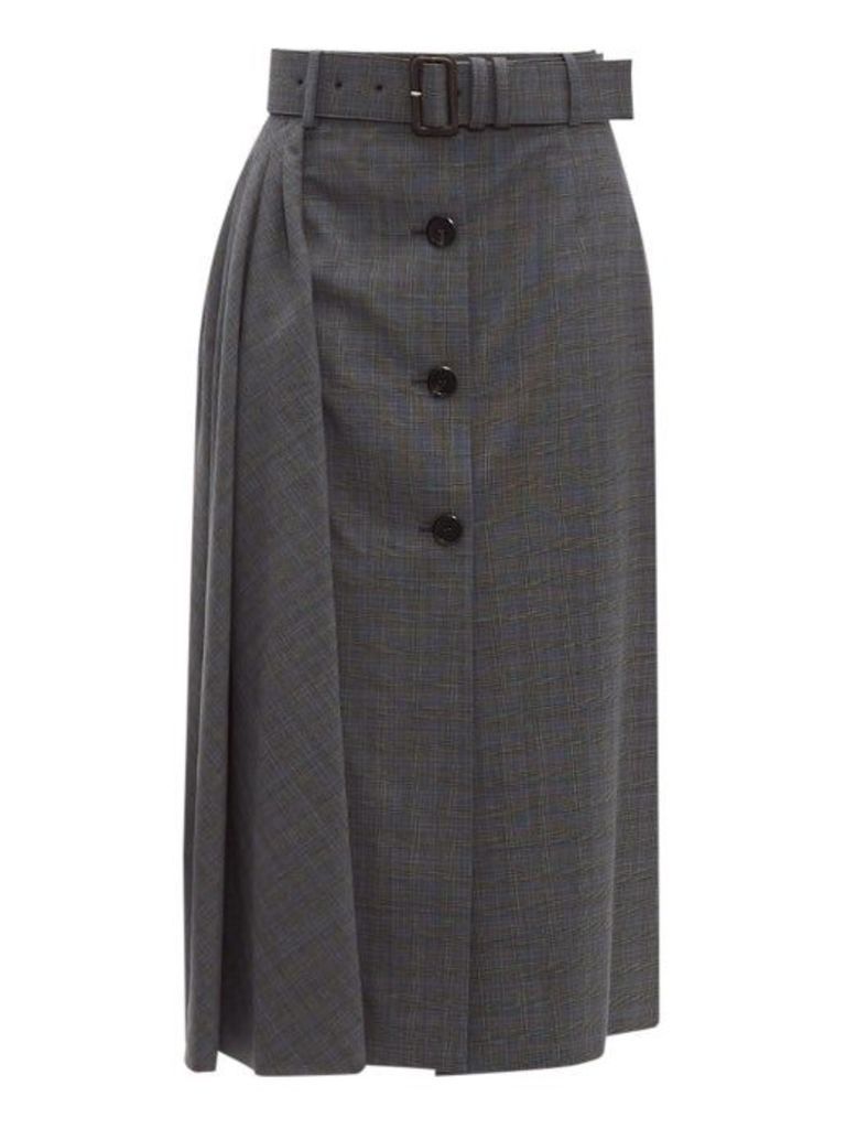 Prada - Prince Of Wales-checked Wool-blend Midi Skirt - Womens - Grey