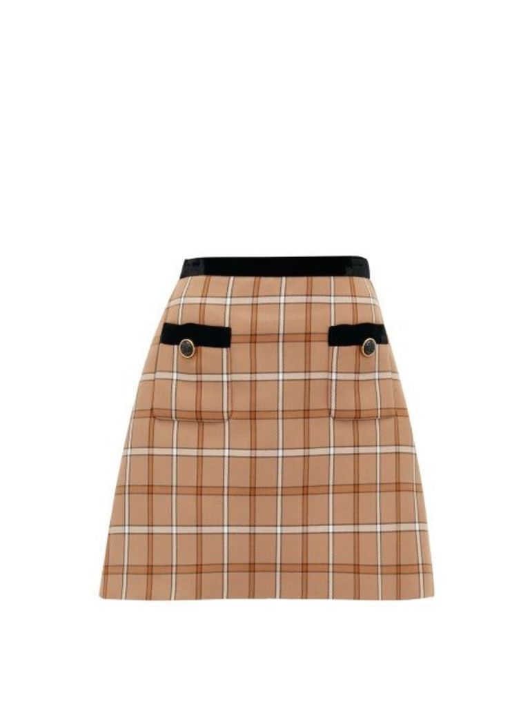 Miu Miu - High-rise Velvet & Checked Twill Mini Skirt - Womens - Brown Multi