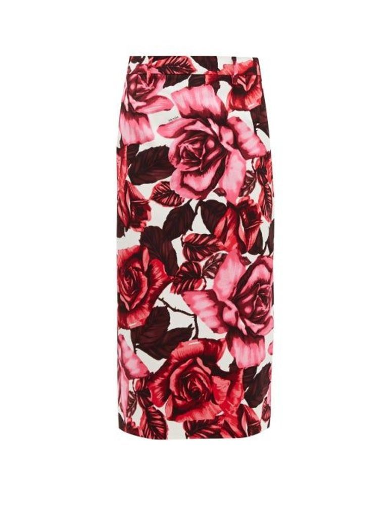 Prada - Rose-print Cotton-canvas Midi Skirt - Womens - Pink Print