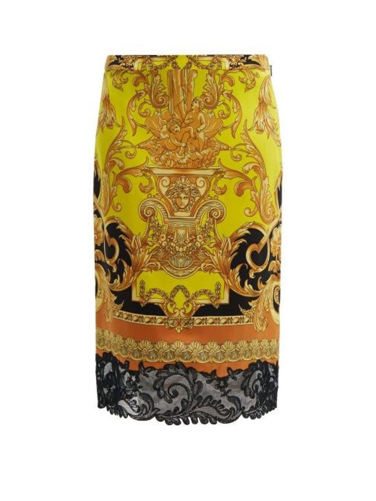 Versace - Lace-trimmed Baroque-print Silk Pencil Skirt - Womens - Black Yellow