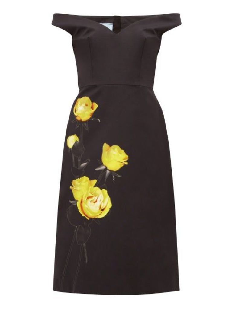 Prada - Off The Shoulder Floral Print Cotton Dress - Womens - Black Print