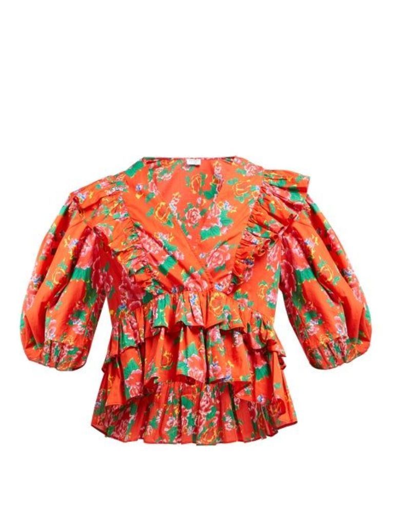 Rhode - Elodie Floral-print Cotton-voile Blouse - Womens - Red Print