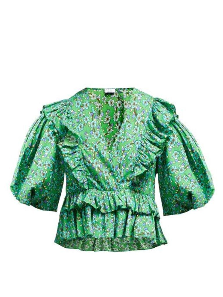 Rhode - Elodie Floral-print Cotton-voile Blouse - Womens - Green Print