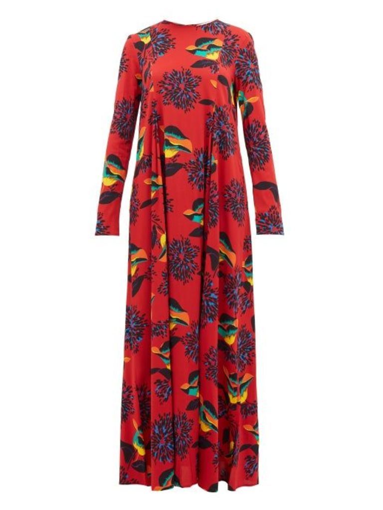 La DoubleJ - Trapezio Floral-print Crepe Dress - Womens - Red