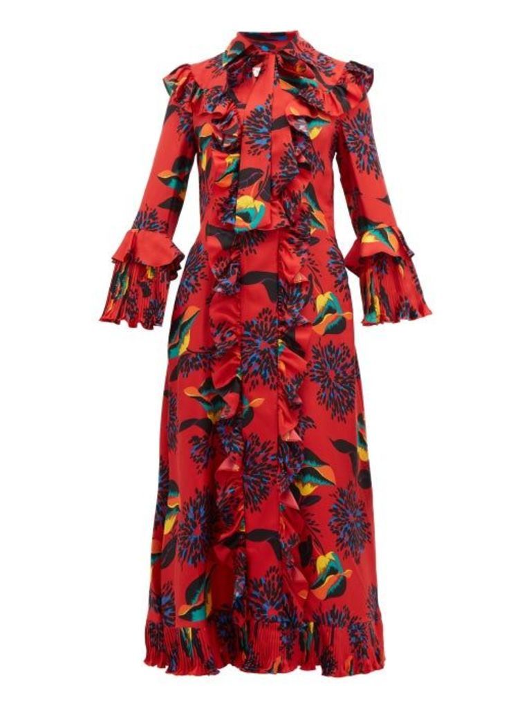 La Doublej - Floral-print Ruffle-trimmed Silk Midi Dress - Womens - Red Print