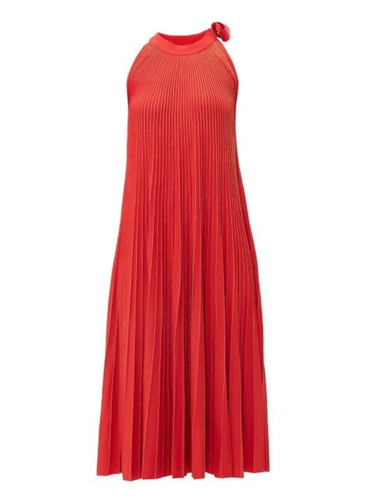 Elie Saab - Tie Neck Metallic Ribbed Knit Midi Dress - Womens - Red