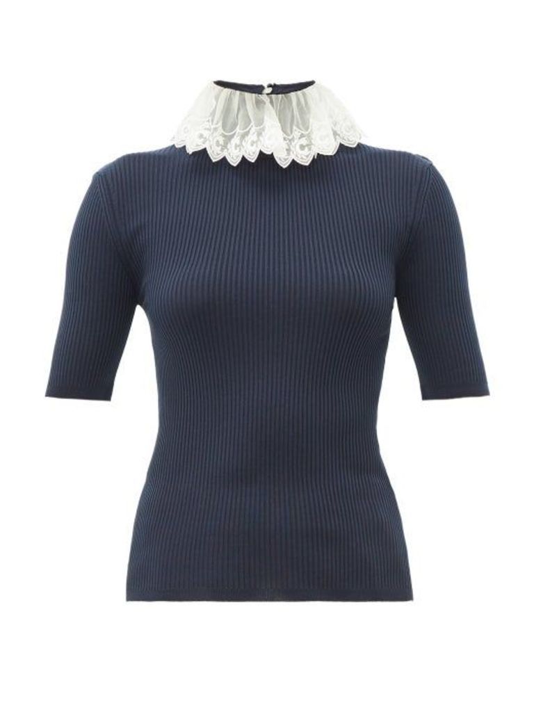 Chloé - Lace-collar Ribbed-knit Sweater - Womens - Navy Multi
