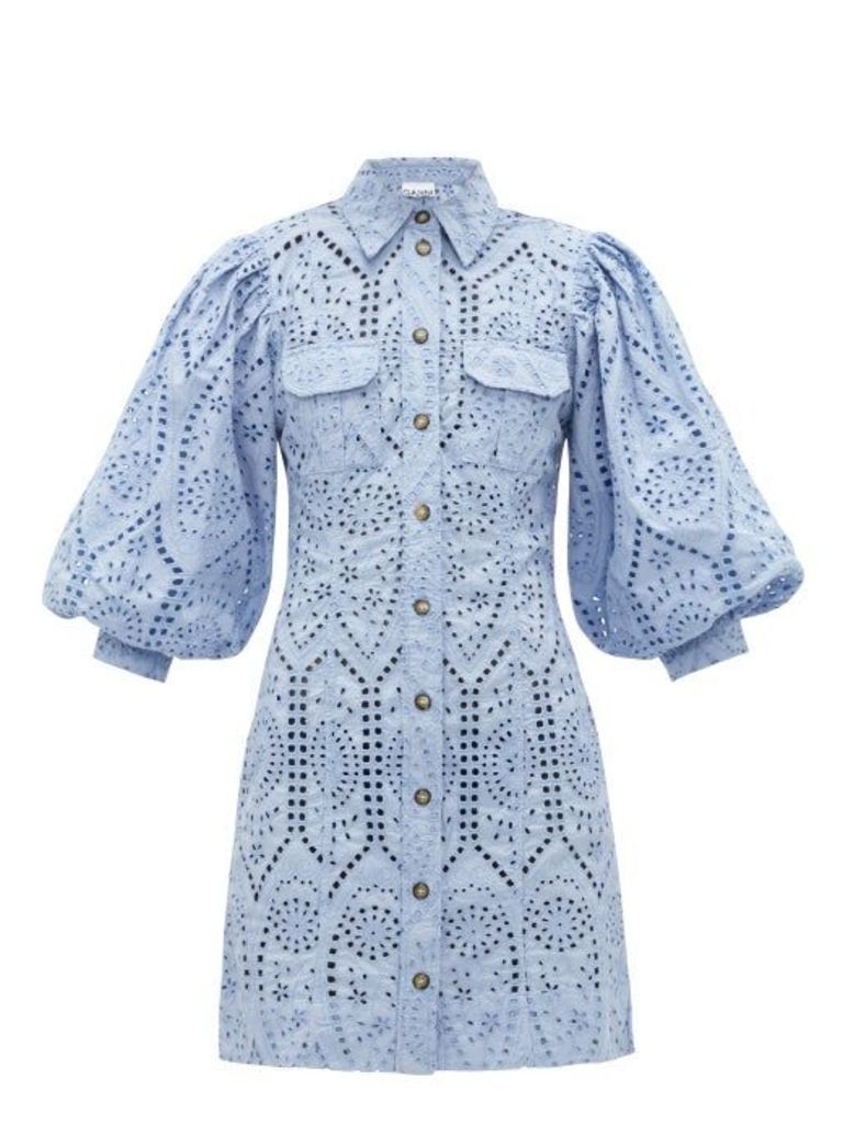 Ganni - Balloon-sleeve Broderie Anglaise Mini Shirt Dress - Womens - Light Blue