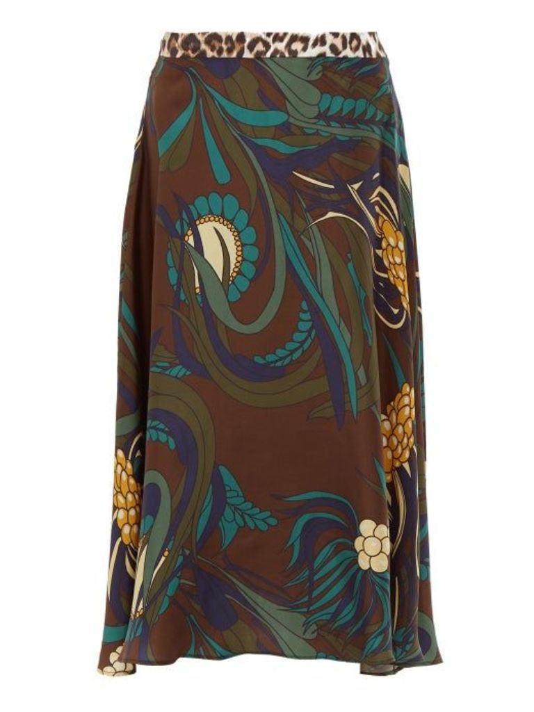 La Prestic Ouiston - Floral-print Silk-twill Midi Skirt - Womens - Brown Multi