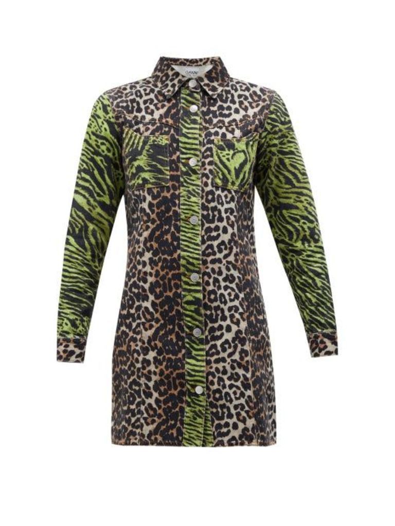 Ganni - Leopard And Zebra-print Cotton-denim Shirtdress - Womens - Brown Multi