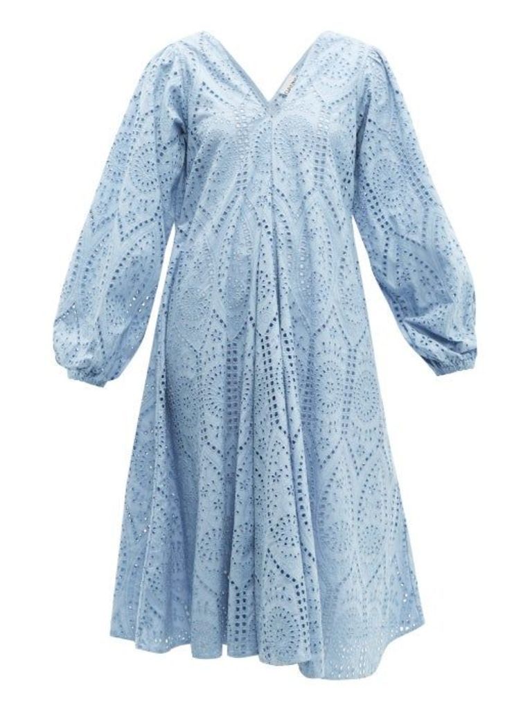 Ganni - Balloon-sleeved Broderie-anglaise Cotton Dress - Womens - Light Blue