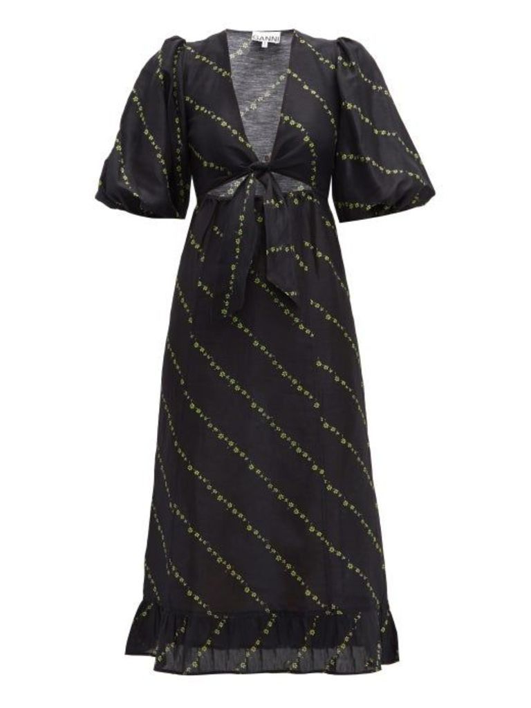 Ganni - Tie-front Floral-print Linen-blend Midi Dress - Womens - Black Multi