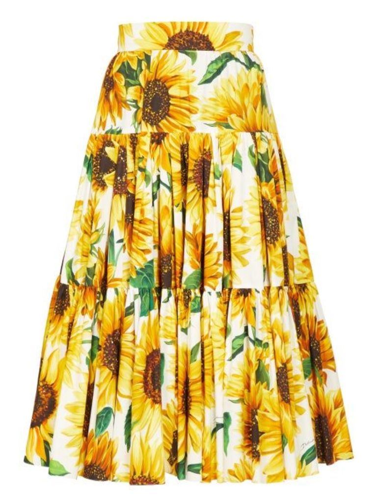 Dolce & Gabbana - Sunflower-print Tiered Cotton-poplin Midi Skirt - Womens - Yellow Multi