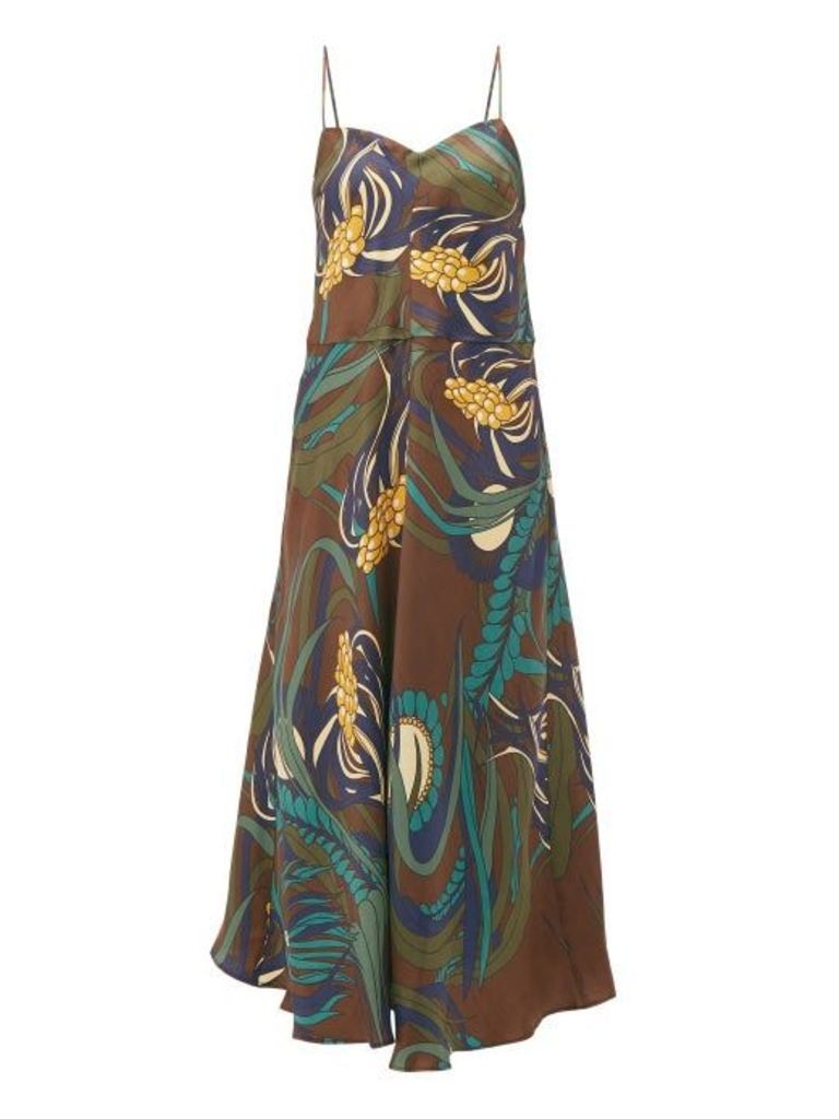 La Prestic Ouiston - Floral-print Silk-twill Midi Dress - Womens - Brown Multi