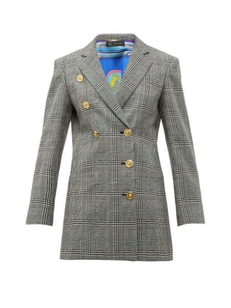 Versace - Double-breasted Prince Of Wales-check Wool Blazer - Womens - Grey Multi