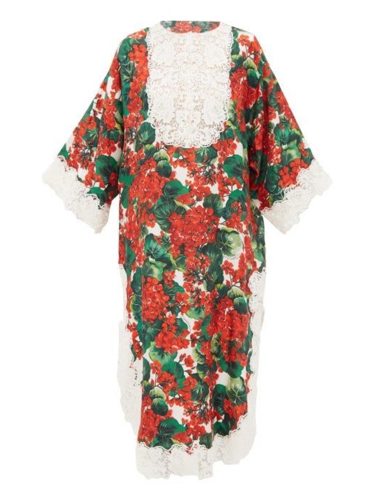 Dolce & Gabbana - Lace-trimmed Geranium-print Silk-blend Dress - Womens - Red Multi