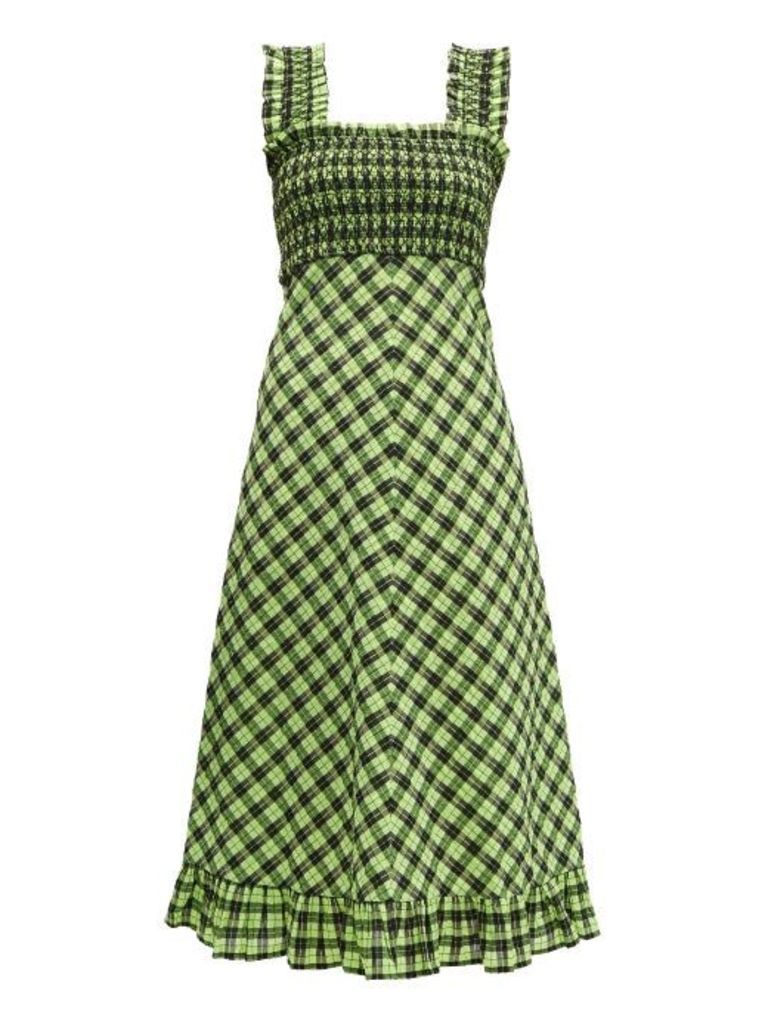 Ganni - Checked Cotton Blend Midi Dress - Womens - Black Green