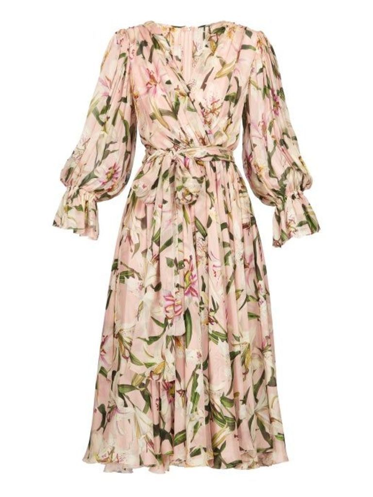 Dolce & Gabbana - Lily-print Tie-waist Dress - Womens - Pink