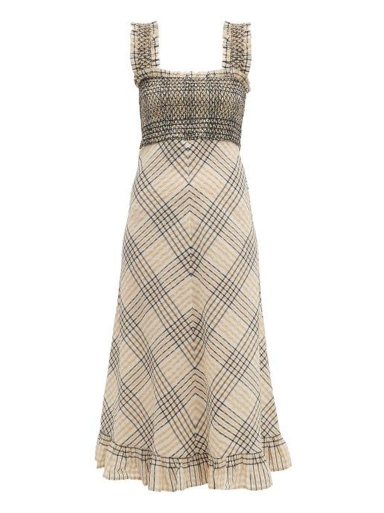 Ganni - Check-print Shirred Seersucker Dress - Womens - Cream Multi