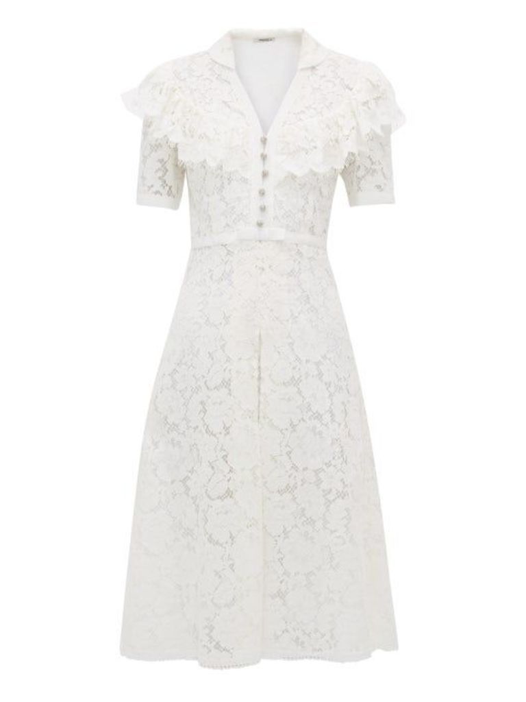 Miu Miu - Ruffled Cotton-blend Guipure-lace Midi Dress - Womens - White