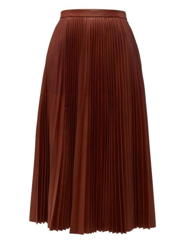 Prada - Pleated Leather Midi Skirt - Womens - Brown