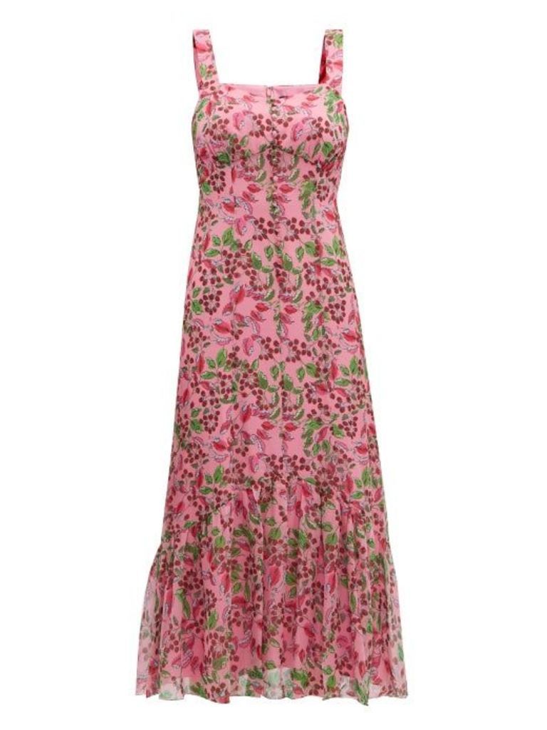 Saloni - Joel Floral And Berry-print Silk Midi Dress - Womens - Pink Multi
